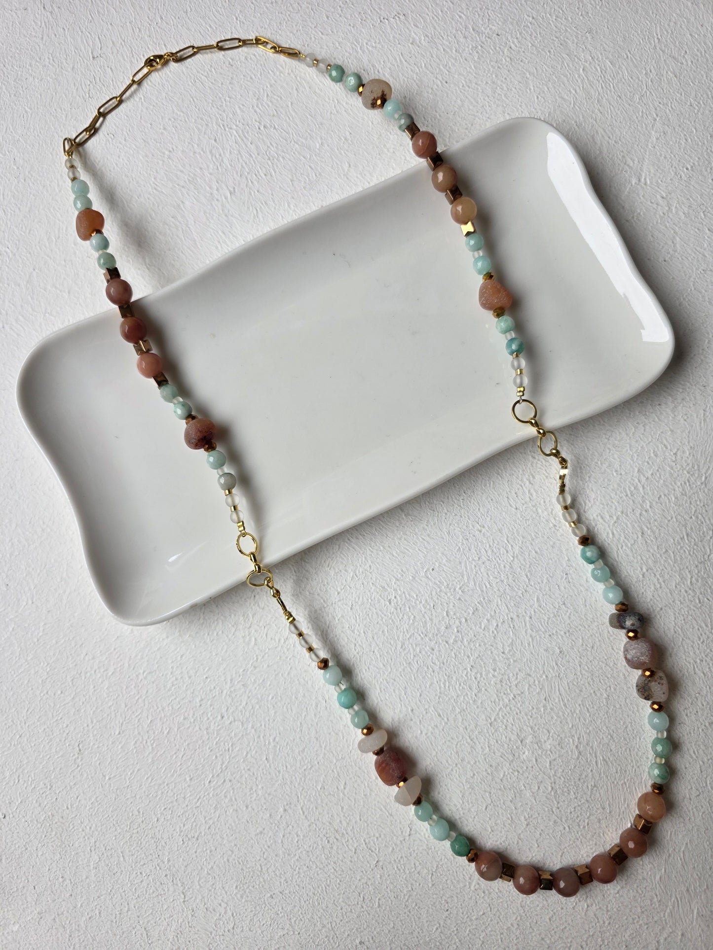 Amazonite & Sunstone Long Beaded Necklace