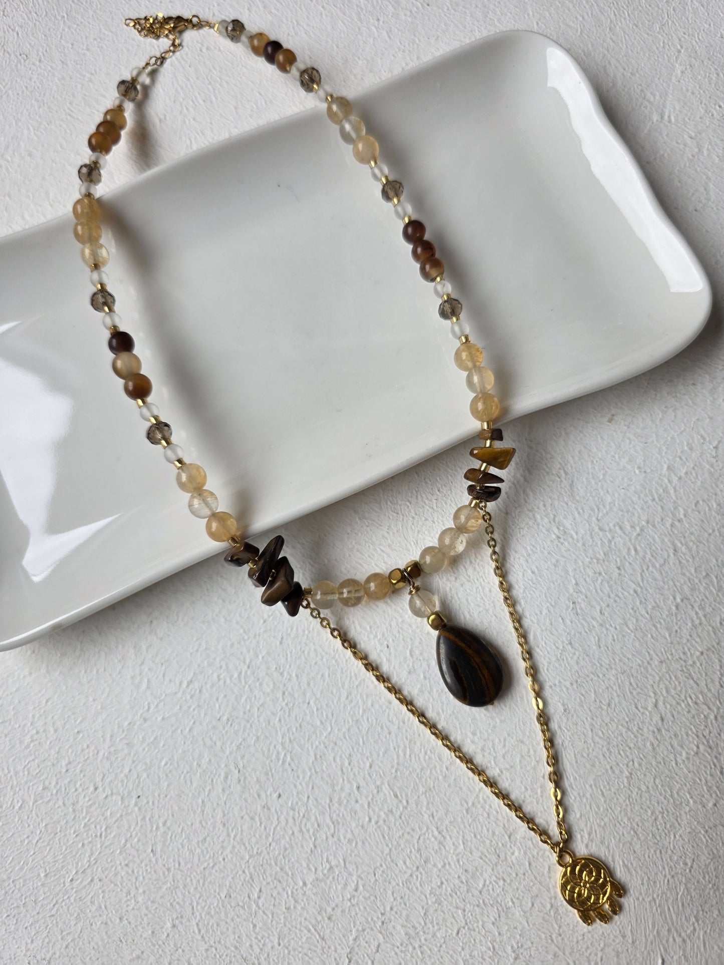 Citrine & Tiger Eye Hamsa Pendant Necklace