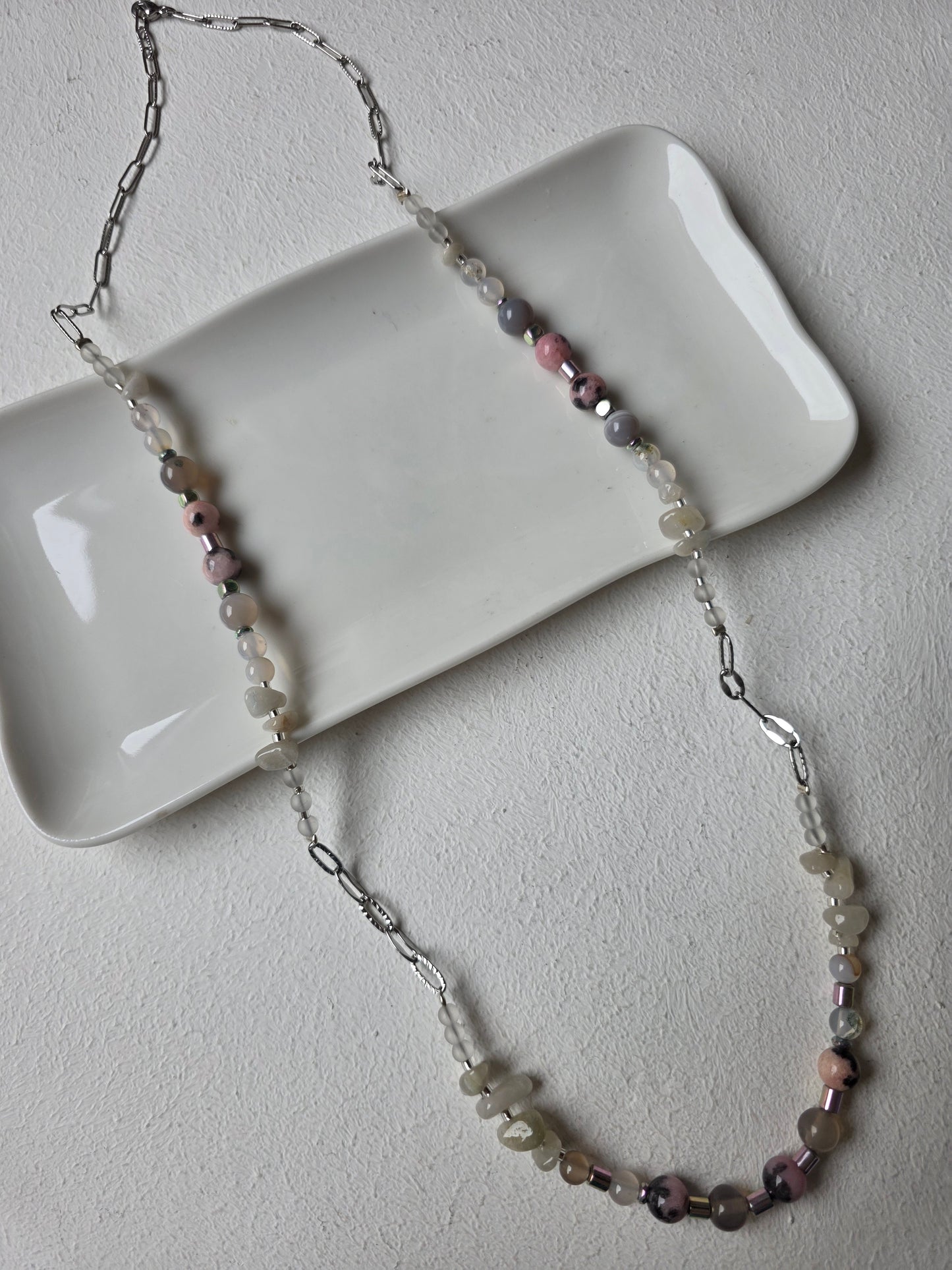 Moonstone & Rhodonite Long Beaded Necklace with Paperclip Chain