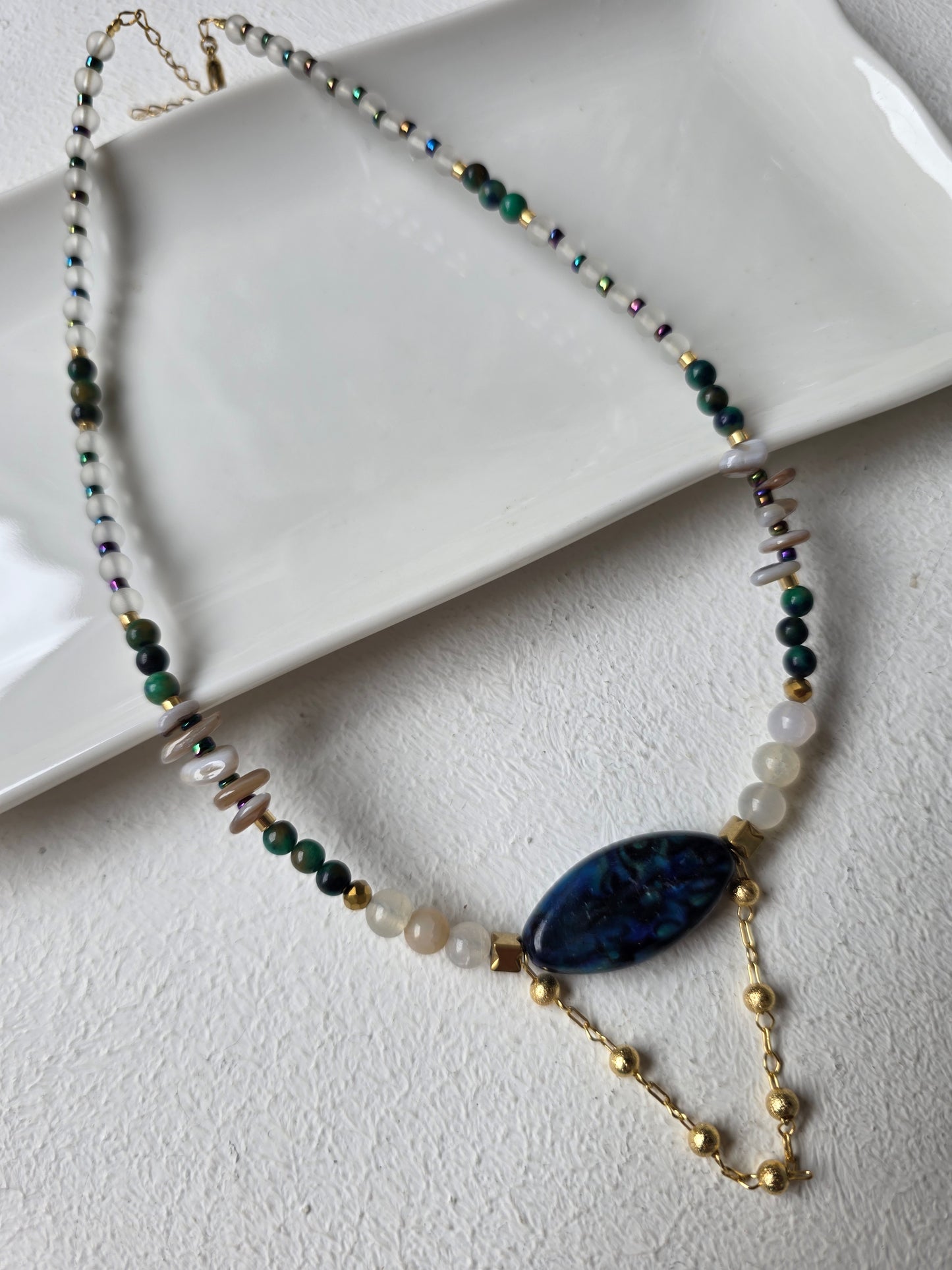 Lapis Lazuli & Chrysocolla Beaded Necklace with Gold Chain Drop