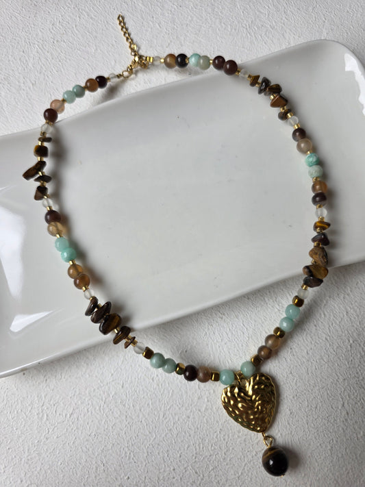Tiger Eye & Amazonite Heart Necklace