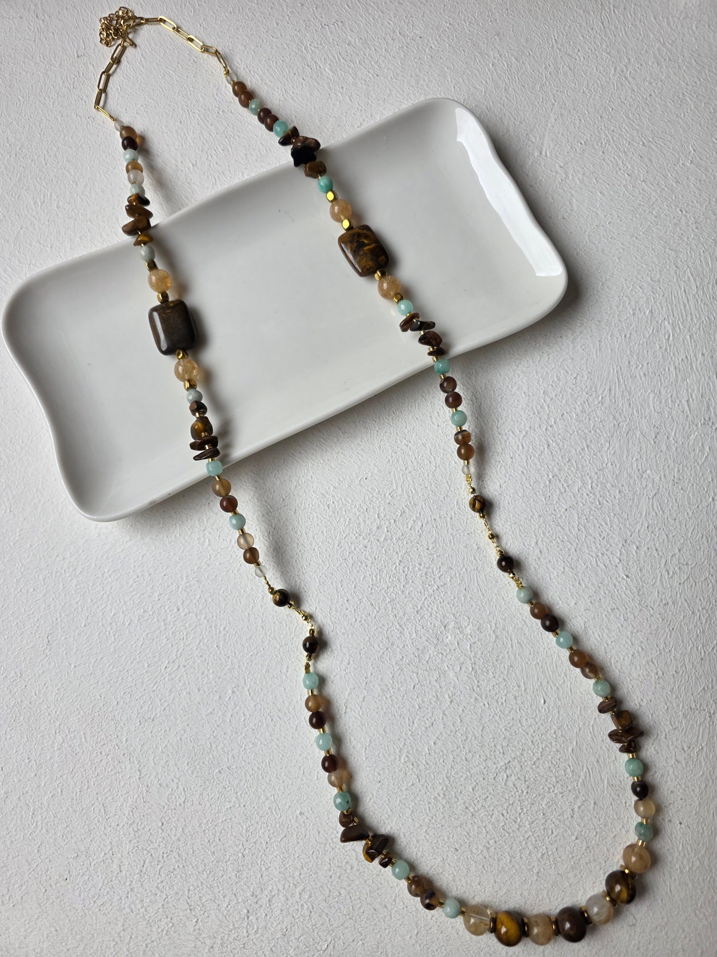 Long Tiger Eye & Amazonite Beaded Necklace