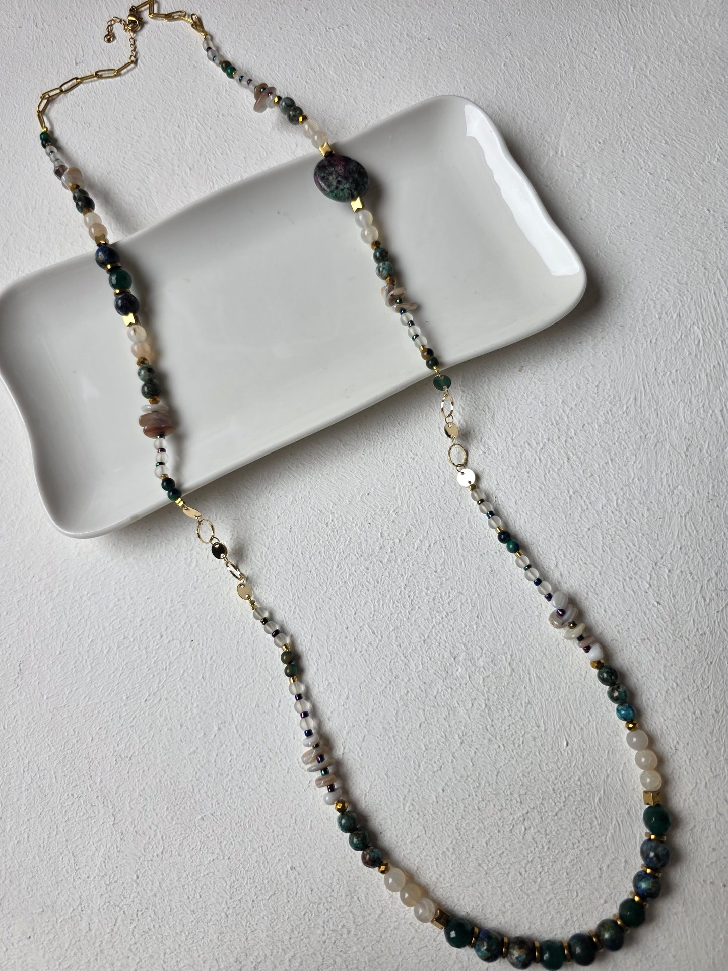 Moss Agate & Pearl Long Beaded Necklace