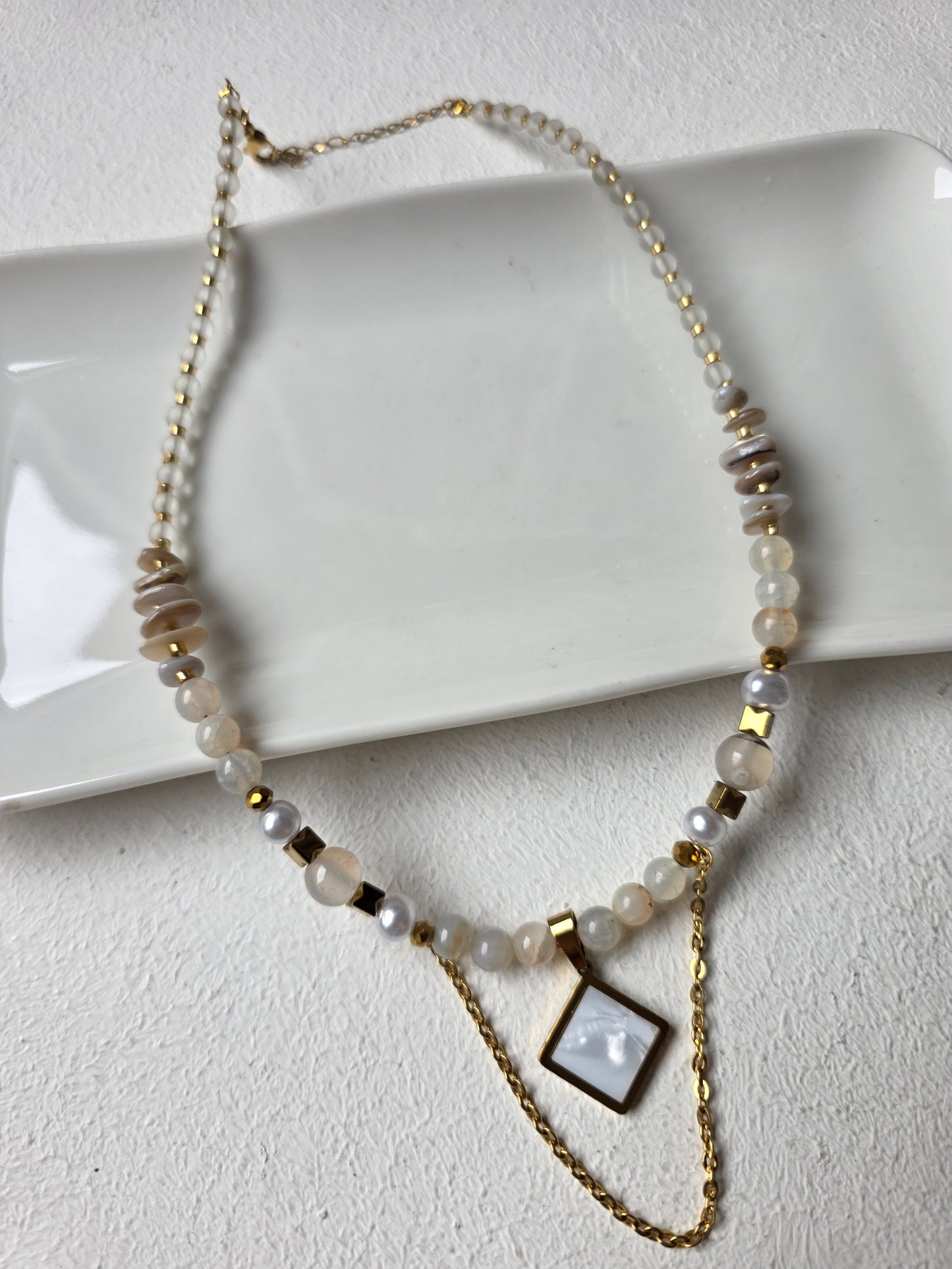 Pearl & Mother of Pearl Square Pendant Necklace