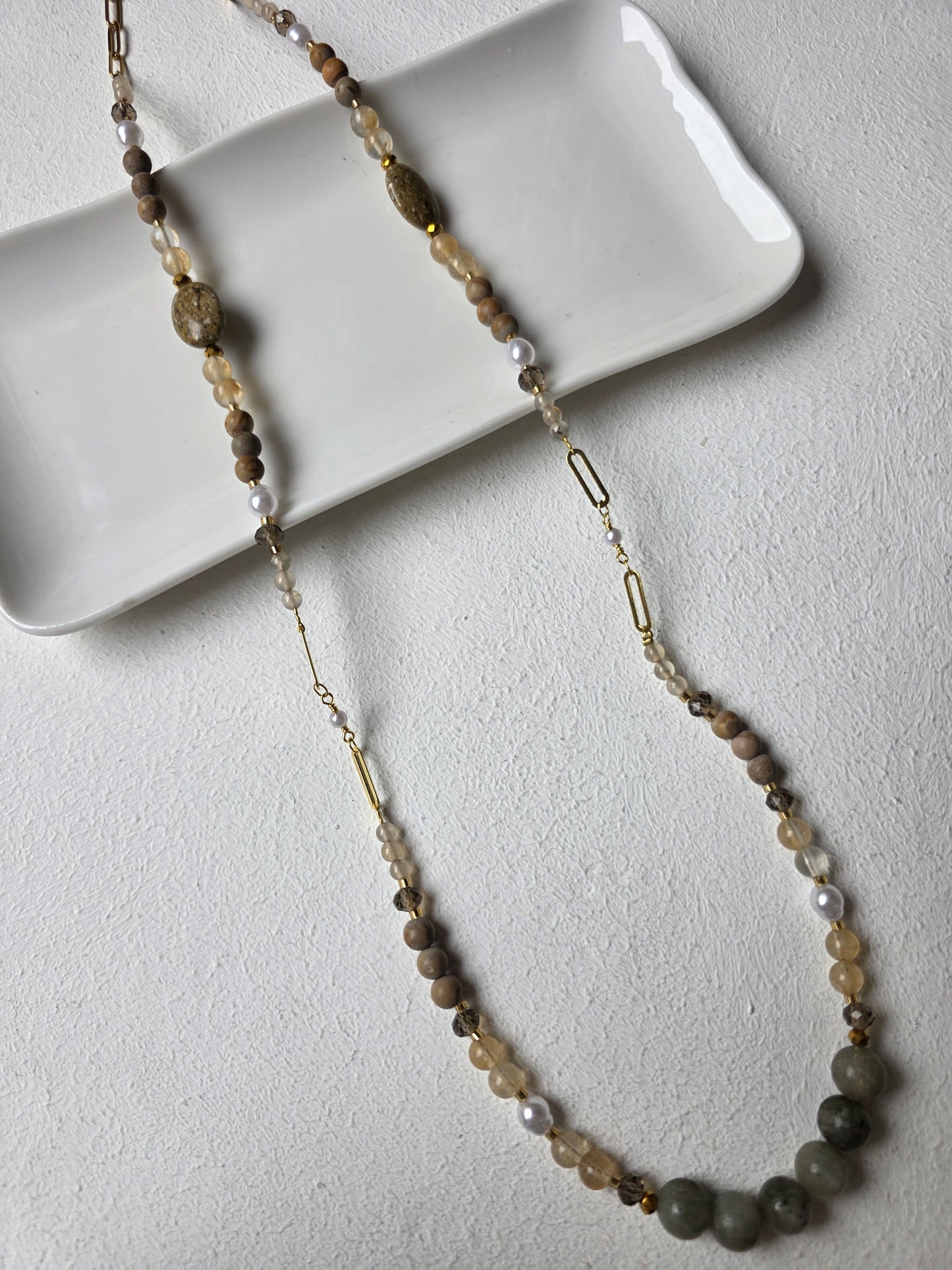 Labradorite & Pearl Long Beaded Necklace with Paperclip Chain