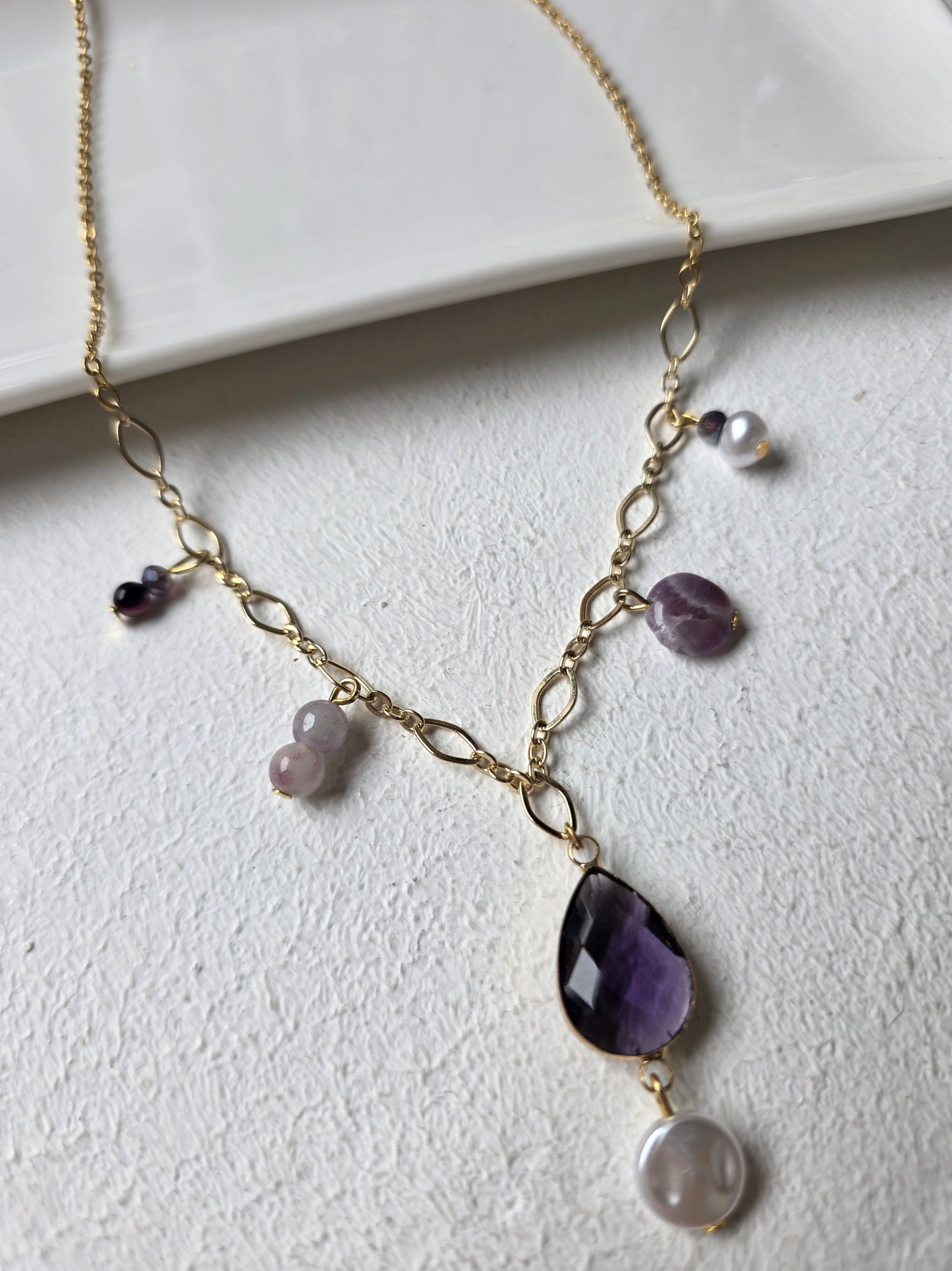 Amethyst Teardrop & Pearl Charm Necklace