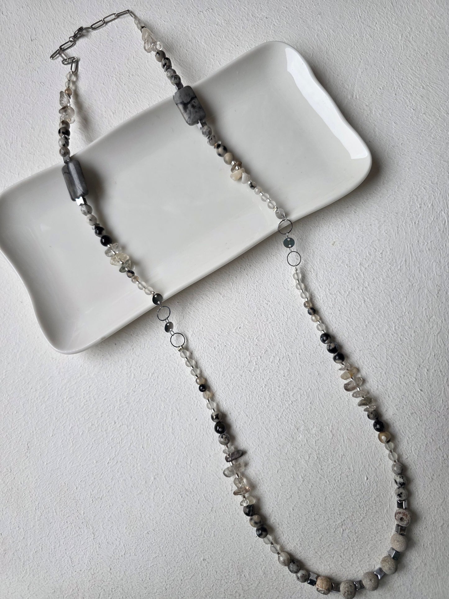 Labradorite & Black Onyx Long Beaded Necklace with Paperclip Chain