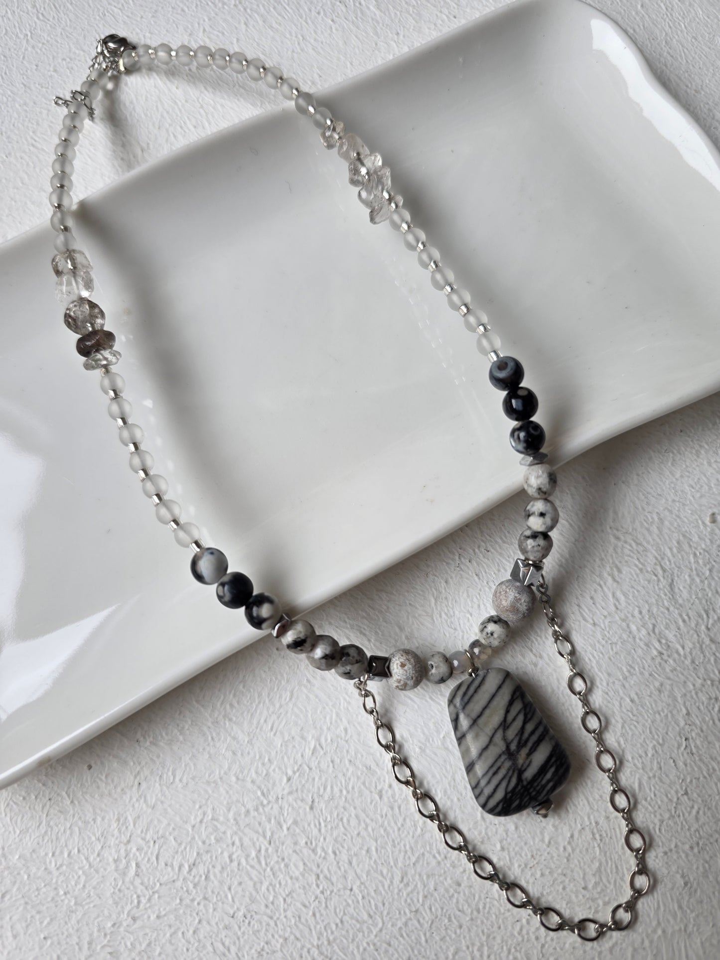 Zebra Jasper Pendant & Crystal Quartz Beaded Necklace