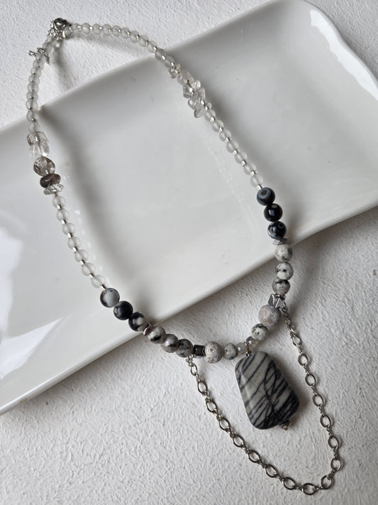 Zebra Jasper Pendant & Crystal Quartz Beaded Necklace