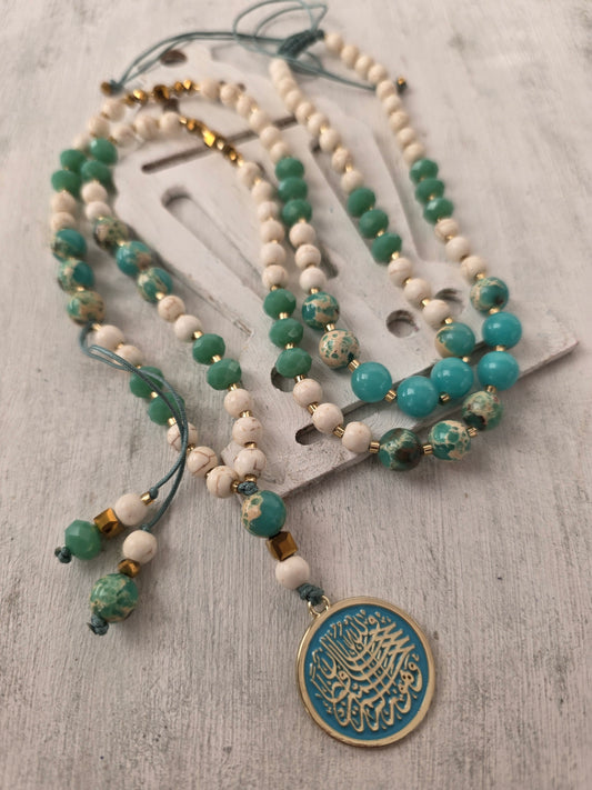 Ramadan Prayer Beads Set with Turquoise and White Stones