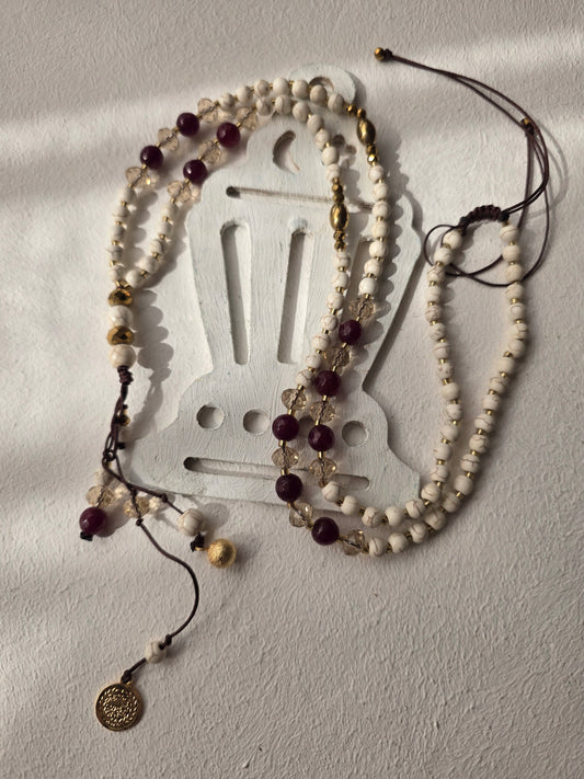 Ramadan Prayer Beads Set - Cream Burgundy Gold Pendant