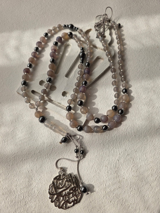 Ramadan Prayer Beads Set - Rose Quartz Silver Elegance